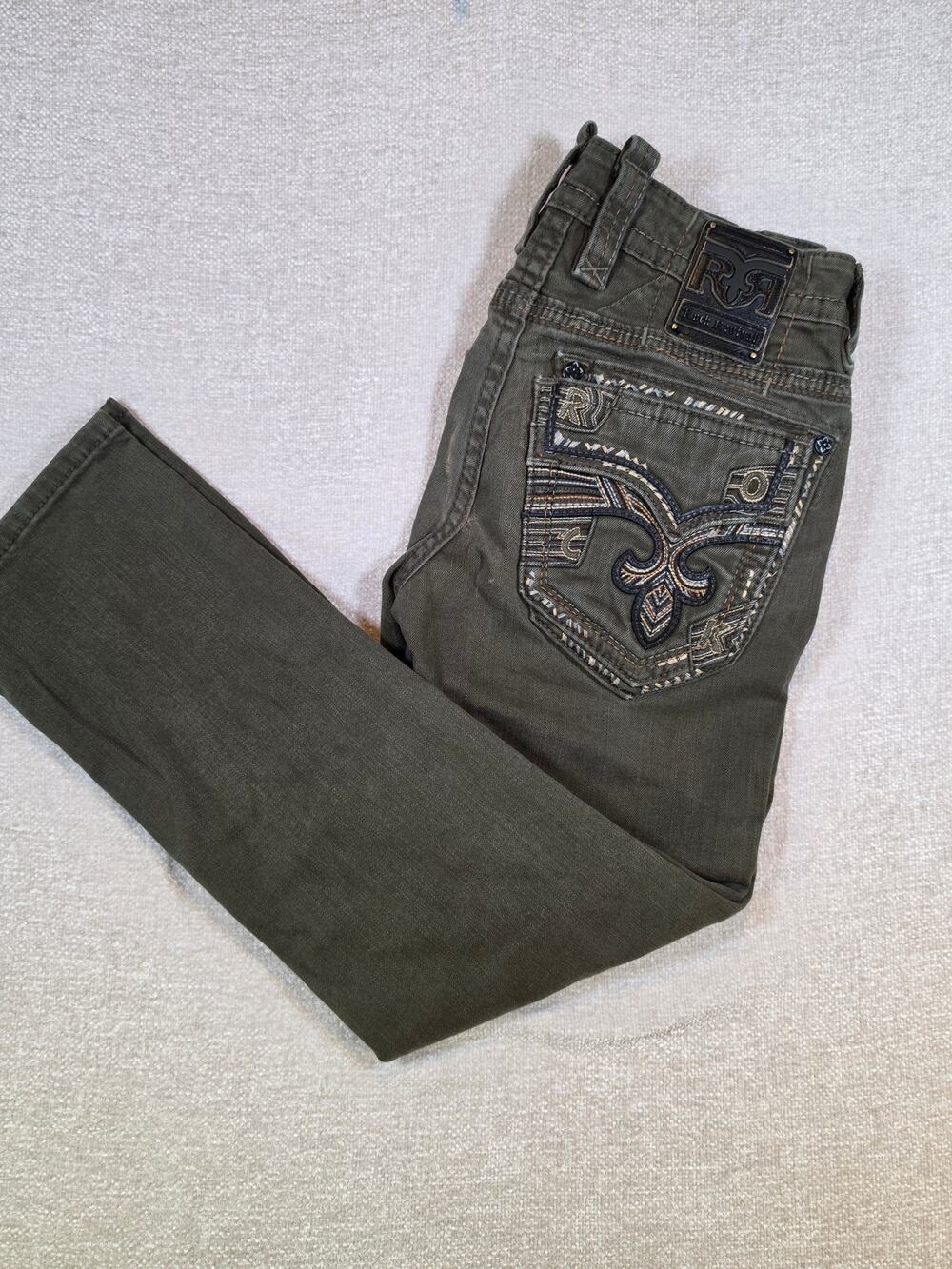 Rock Revival Canton Straight Jeans Olive Green Embroidered Bling Men Size 32